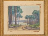 a painting of a dirt road in the middle of a forest