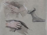 a drawing of a person ' s hand and a pair of shoes