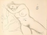 dessin représentant une femme nue allongée sur un lit, les mains posées sur sa poitrine
