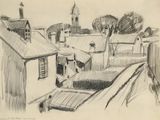 dessin représentant une vue d'une ville avec le clocher d'une église en arrière-plan