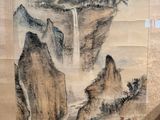 a picture of a painting of a waterfall in the mountains