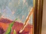 an oil painting of a desert scene with a cactus and a pink flower