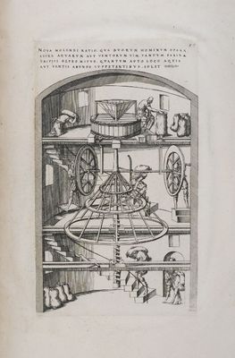 un vieux livre dans lequel figure le dessin d'une machine à filer