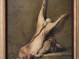 une peinture à l'huile représentant un chien et un oiseau mort posés sur une table