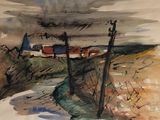 a watercolor painting of a train on the tracks