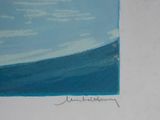 a painting of a surfer riding a wave in the ocean