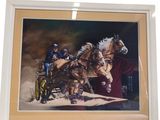 tableau représentant un groupe de chevaux tirant une calèche dans laquelle se trouve un homme