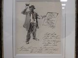 drawing of a man in a hat and coat holding a piece of paper