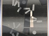 peinture représentant une image en noir et blanc avec un objet jaune au centre
