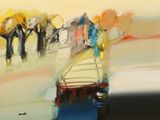 a painting of a group of people walking down the street