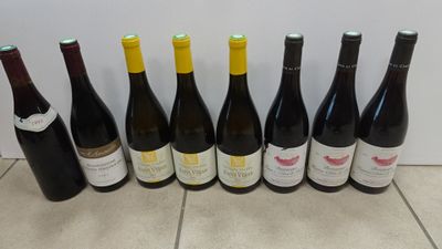 six bottles of wine lined up in a row on a tiled floor