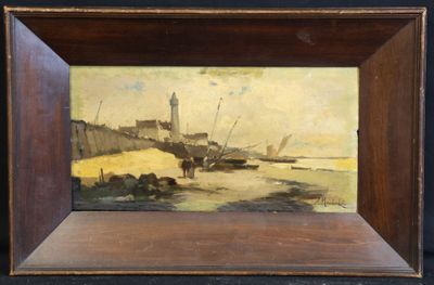 an image of a painting of a beach scene with a lighthouse in the background