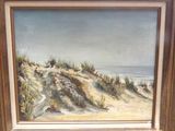 tableau représentant une scène de plage avec des dunes de sable et des dunes de sable