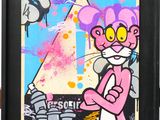 pink panther painting in a black frame on a white wall