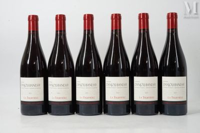 six bouteilles de vin rouge sont alignées sur une table