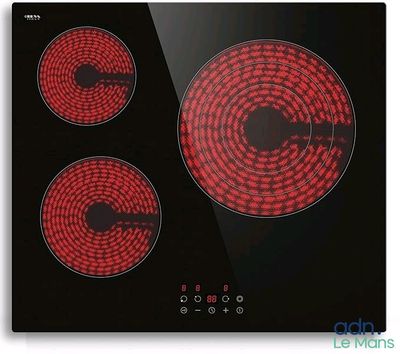 an image of a black and red stove top with three burners