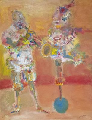 painting of two clowns playing instruments in a room with a red wall