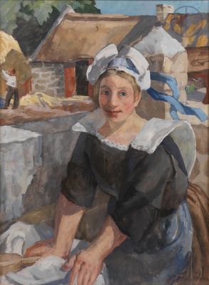 a painting of a woman sitting at a table with a plate