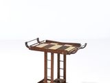 an image of a wooden serving cart with a checkered tray on it