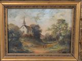 an oil painting of a church on a hill with a horse in the foreground