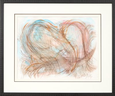 dessin encadré et monté sous passe-partout représentant un cœur sur fond bleu