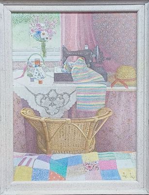 a picture of a painting of a basket with a cat on it
