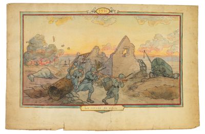 un vieux livre sur lequel figure une image de soldats