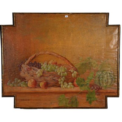tableau représentant une corbeille de fruits posée sur une étagère, contenant des raisins, des pommes et des raisins