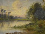 painting of a river scene with a flock of birds flying over the water