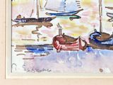 a painting of boats on the water with a sky background