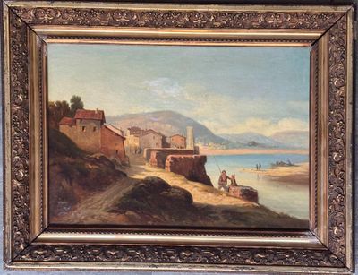 une peinture à l'huile représentant un village au bord de l'eau, avec un cheval et un homme