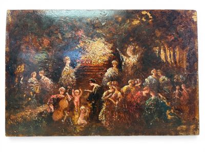 une image représentant un tableau où l'on voit un groupe de personnes rassemblées autour d'une crèche