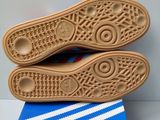the soles of a pair of adidas sneakers on top of a blue and white box