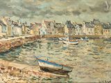 tableau représentant des bateaux sur l'eau devant une rangée de maisons