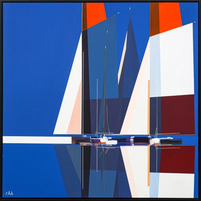 peinture abstraite représentant des voiliers sur un plan d'eau bleu