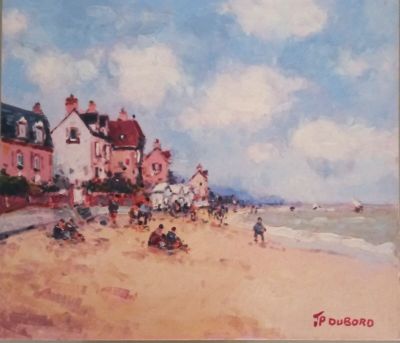a painting of a beach scene with people on the sand