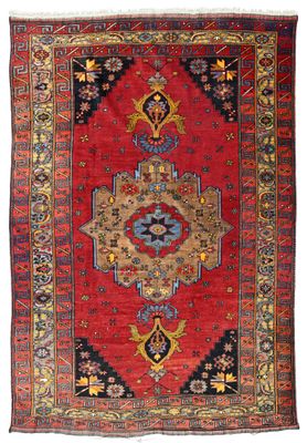 a red and blue rug with a medallion design on it