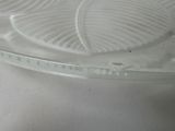 a glass plate with a leaf on it on a table