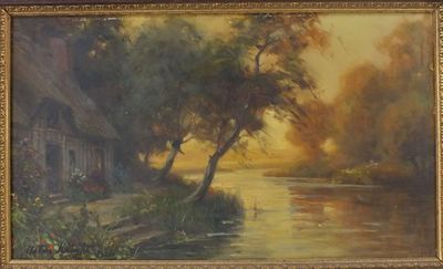 l'image d'une peinture représentant une rivière avec une maison à l'arrière-plan