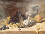 tableau représentant une nature morte composée de raisins, de pommes et d'un oiseau posés sur une table