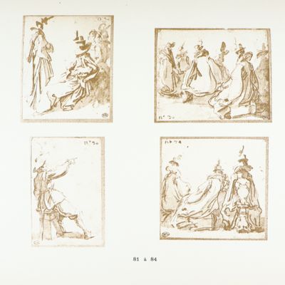 quatre croquis représentant un homme avec un chapeau et une femme en robe, puis un homme avec un chapeau et une femme en robe, puis encore un homme avec un chapeau