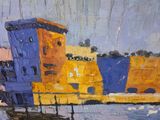 a painting of a yellow and blue train on the tracks