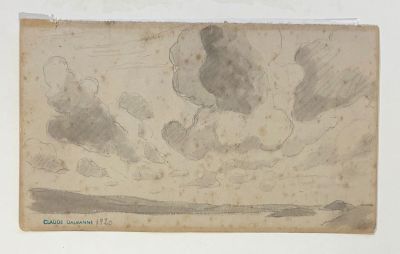 an old drawing of clouds over a body of water with a boat in the distance