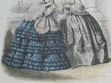 a drawing of two women in dresses talking to each other