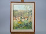 une peinture à l'huile représentant un paysage avec des maisons et des arbres, posée sur un chevalet