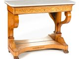 a small marble top table with a wooden base