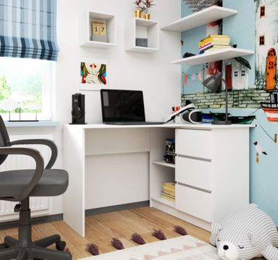 Bureau d'angle , 3 tiroirs et 2 niches, couleur blanc, dimen…