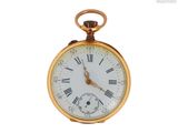 a gold pocket watch with roman numerals on the face