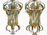 paire d'appliques murales anciennes en fer forgé et en verre