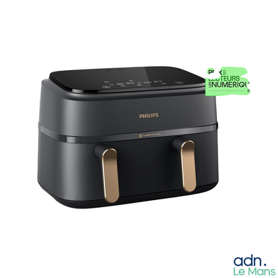 a black and gold air fryer on a white background